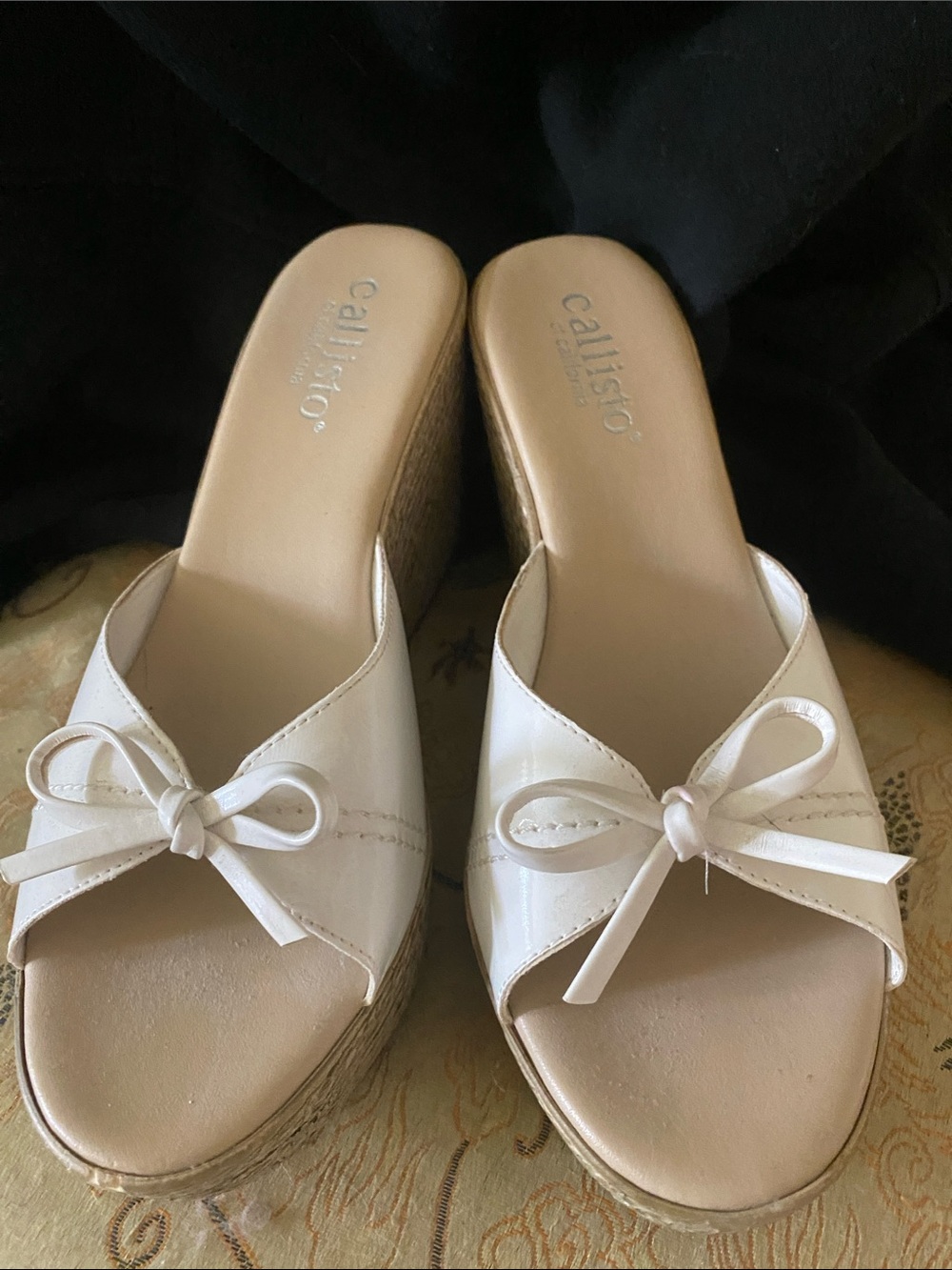 Callisto Cream Bow Wedge Slide Sandals